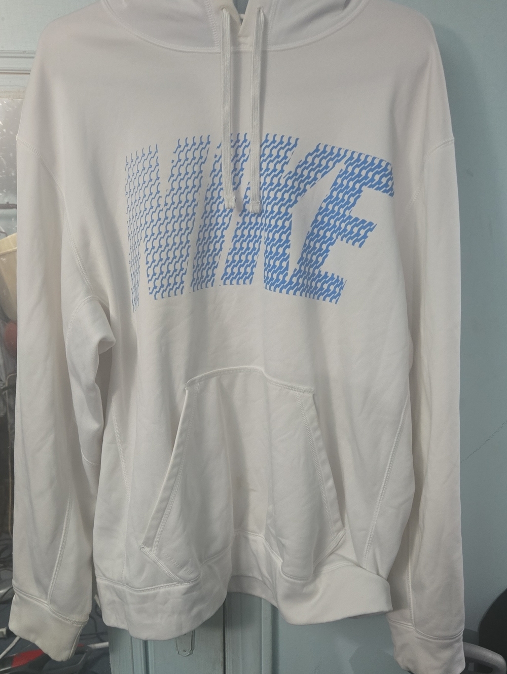 Nike White Hoodie with Light Blue Graphic Logo